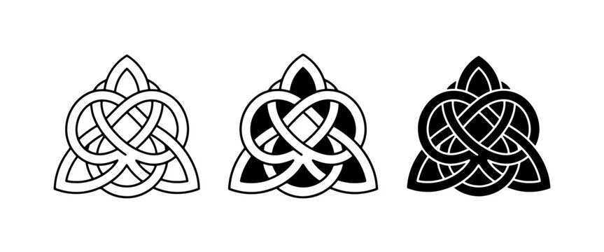 Celtic Knot Triquetra Symbols, Intertwined Infinite Loops, Traditional Irish Design Elements, Black and White Vector Icons