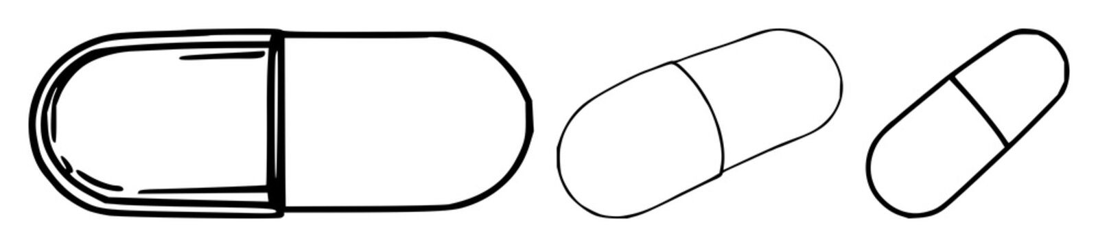 Pill capsule set with single black line art minimalist design featuring medication, health, pharmaceuticals with capsule and solid representation