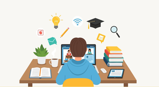 Online education concept with a student studying remotely on a laptop surrounded by educational icons and books on a desk, symbolizing distance learning and e-learning