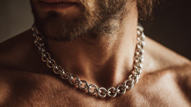 Muscular bearded man wearing silver chain necklace close-up