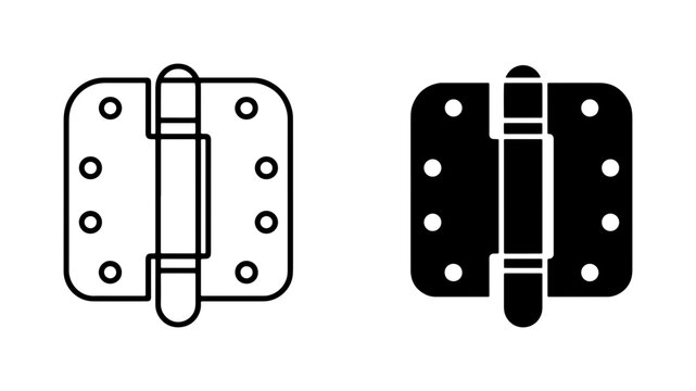 Door Hinges Vector Icons, Metal Hardware Components, Black and White Construction Elements for Architectural Design and DIY Projects