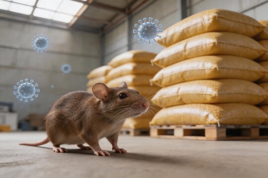 Mouse near grain sacks in warehouse with hantavirus contamination risk