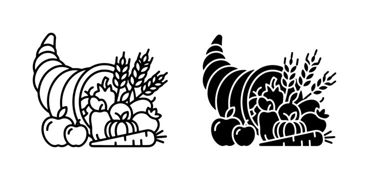 Cornucopia Harvest Icons, Abundant Autumn Fruits and Vegetables, Thanksgiving Symbols, Vector Graphics