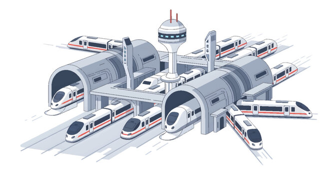 Modern high-speed train station illustration featuring multiple sleek trains, advanced transportation infrastructure, and future travel technology concept.