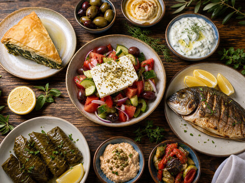 Assorted Greek dishes on wooden table
