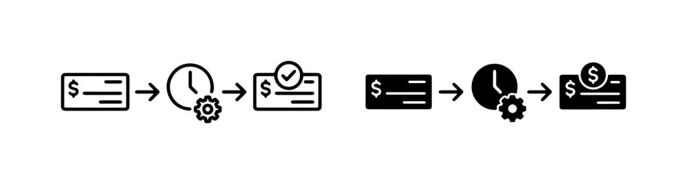 Check Payment Process Icons, Financial Transaction Workflow, Time Management and Approval Steps, Vector Graphics