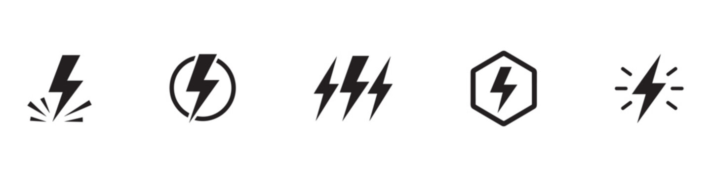Lightning bolt icon set. Thunderbolt symbol. Electric power energy logo. Flash light sign. Vector illustration. Vector Graphic. EPS 10