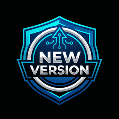 Obraz premium This badge design highlights a new version announcement with tech elements, showcasing innovation, progress, and a modern digital aesthetic with sleek blue and silver tones.