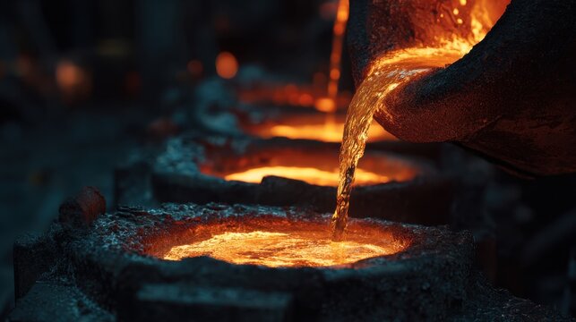 Molten metal being poured into casting mold at foundry