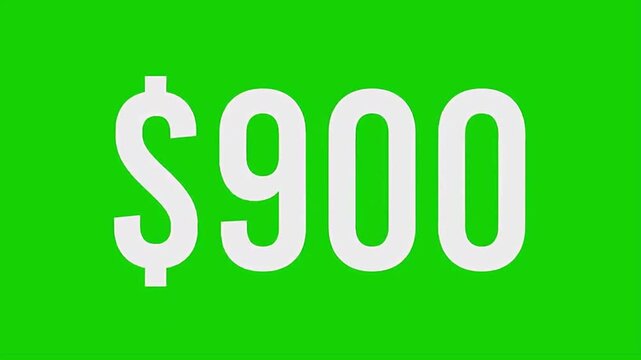 Counter starting from zero to nine hundred dollars on green screen background shows rapid financial growth with animated currency symbol and white digits for professional business use.
