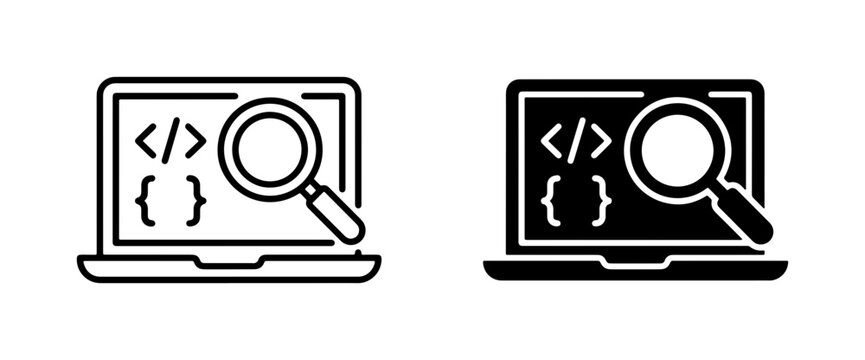 Code Debugging and Analysis Icons: Laptop with Magnifying Glass, Programming Symbols, Line Art and Solid Fill Styles for Software Development and IT Solutions