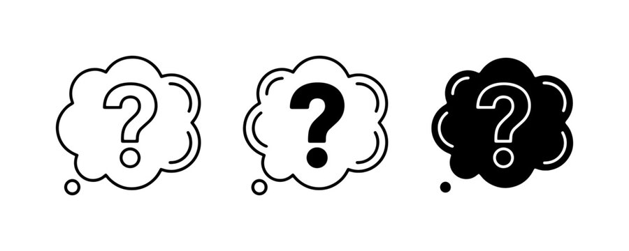 Question Mark Thought Bubbles, Inquiry Icons, Uncertainty Symbols, Problem Solving, Doubt Concepts, Black and White Graphics