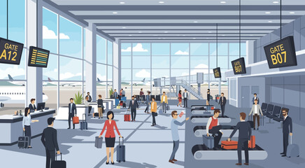 Obraz premium Dynamic Airport Terminal Interior with Travelers and Staff, Showcasing the Bustling Environment of Modern Air Travel and International Departures