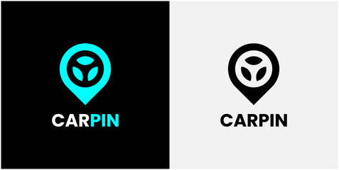 Modern logo design for navigation or vehicle tracking. Bold, minimalist shape combines pin and steering wheel. Teal and black contrast creates striking visual appeal. Clean lines suggest precision © Ghoni