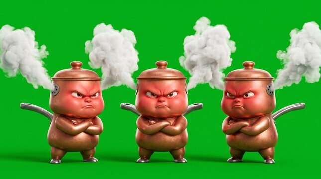 Three Angry Cartoon Teapots Steaming with Furious Expressions on Green Background.