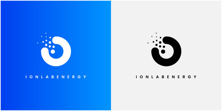 Clean logo design with blue and white backgrounds. Circular shape with digital particles breaking away. Minimalist style suits modern branding needs. Ideal for tech, energy, or innovation sectors