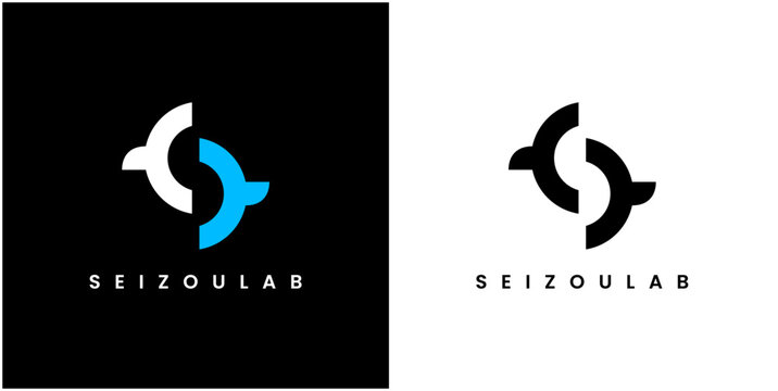 Minimalist logo design with bold geometric shapes. Black and white versions show clean, modern aesthetics. Text below features stylized brand name in lowercase