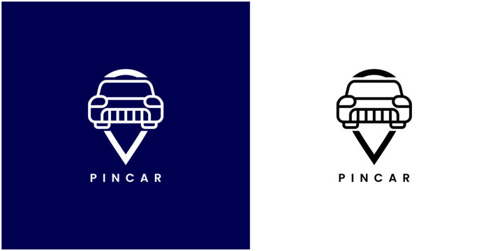 Minimalist logo design shows a car with a downward-pointing triangle beneath it. Text below reads "PINGCAR" in clean, sans-serif font. Dark blue and black-white versions available for versatility