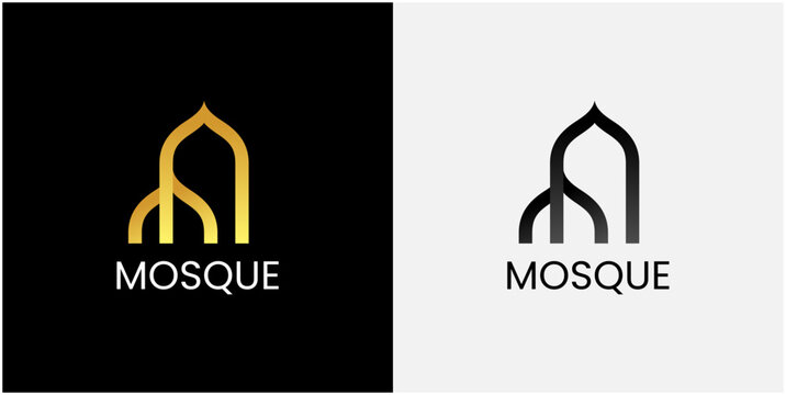 Golden and black mosque logo designs shown side by side. Minimalist style features elegant arch shapes. Perfect for branding, digital media, or religious content. Clean aesthetic suits modern