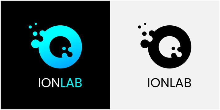 Modern logo design with bold circular shape and floating droplets. Clean contrast between vibrant blue and stark black or white backgrounds. Logo features stylized letter "Q" with dynamic
