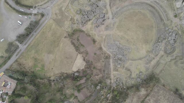 Inca archaeological site of Sacsayhuaman from drone, Cusco, Peru.