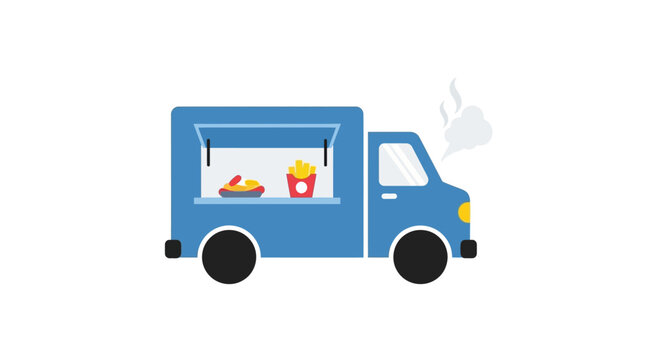 A blue food truck serving hot snacks on a city street