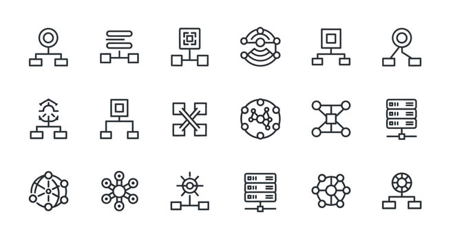 Minimalist Vector Icon Set Depicting Network Connections, Data Flows, and Digital Infrastructure