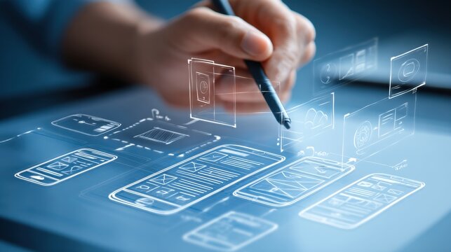 Innovative Concept of Mobile App Development with User Interface Design Sketches, Digital Hand Drawing Ideas on Modern Touchscreen Tablet for User Experience Enhancement