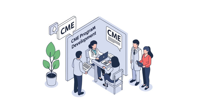 Isometric Illustration of CME Program Development and Medical Professionals.