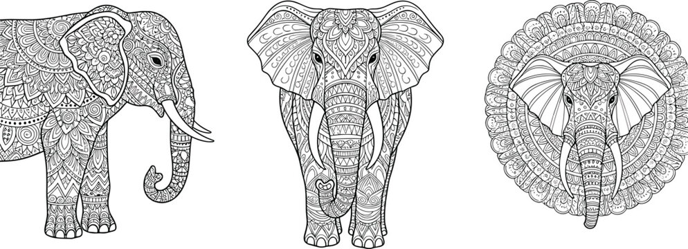 Intricate Ornamental Elephant Vector Set Featuring Mandala Patterns Side Profile and Circular Geometric Frame for Adult Coloring Books Zen Meditation and Bohemian Spiritual Graphic Designs