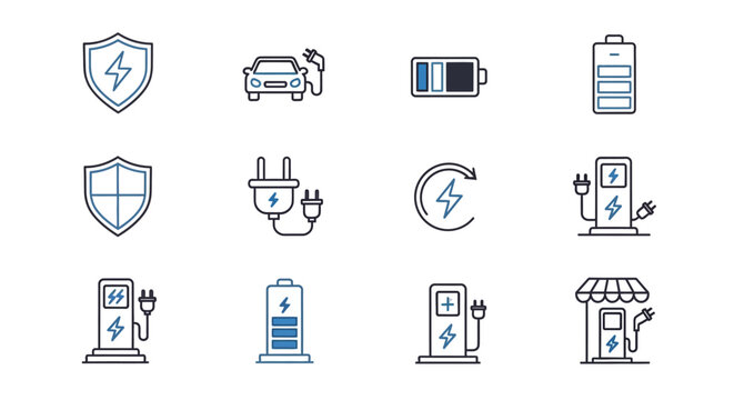 Electric vehicle icons battery charging stations and energy symbols