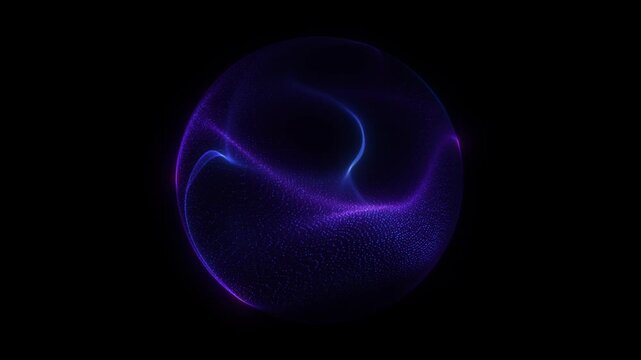 3D neon sphere made of flowing digital particles on black background. Abstract concept of artificial intelligence, neural network or big data analysis. Glowing ultraviolet sphere motion, 4k VJ loop
