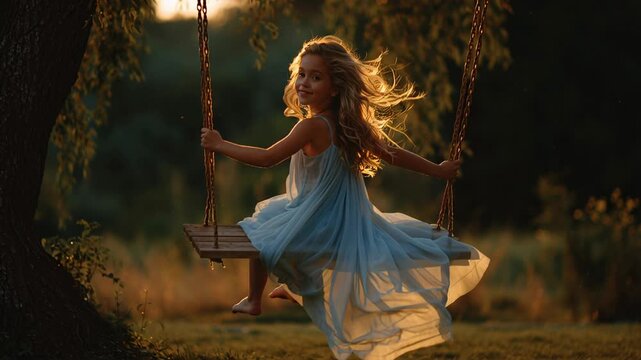 Young Caucasian girl on swing in flowing cream dress, curly hair tossing in sunset backlight, backyard garden scene, joyful smile, pretend princess play,