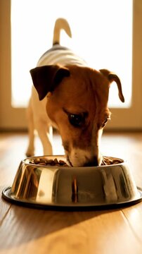 Adorable Jack Russell Terrier eating dry kibble from a metal bowl on a wooden floor with warm sunlight, perfect for pet nutrition advertisements and domestic Vertical. Video. Portrait Orientation.