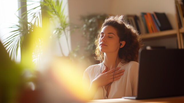 Woman in headphones performing self care, closing eyes with hand on chest, focusing on inner peace and mindfulness at home