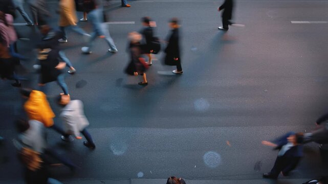 Overhead street crowd moving fast with radial blur, pedestrians and commuters crossing downtown avenue, colorful clothing, planters and yellow lane line