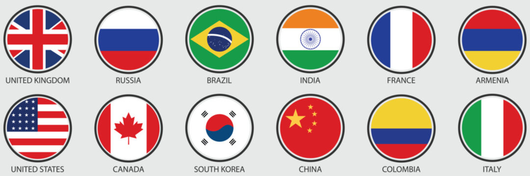 World Flags Rounded icons badge vector. Round flags of the world. Vector Illustration. 