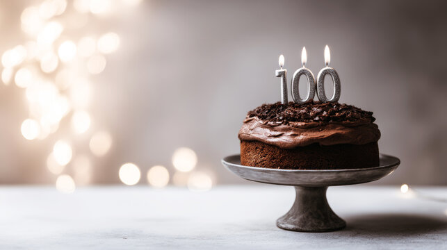 Chocolate cake with 100 candles marking a significant anniversary or birthday, featuring soft ambient lighting and festive bokeh