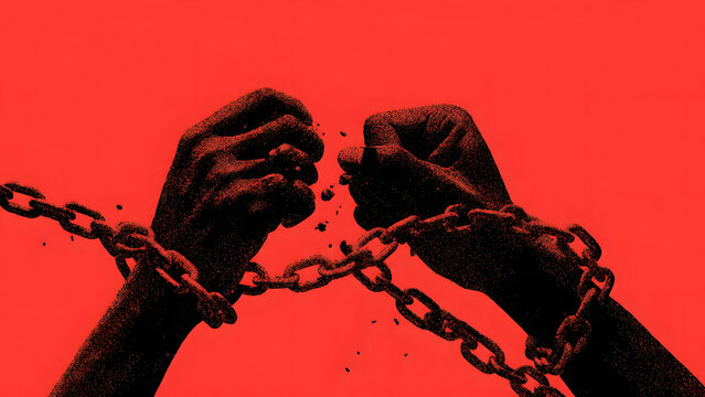 Powerful image of two hands in a determined struggle, shattering heavy chains against a stark red backdrop, symbolizing liberation, strength, and the triumph of will over oppression