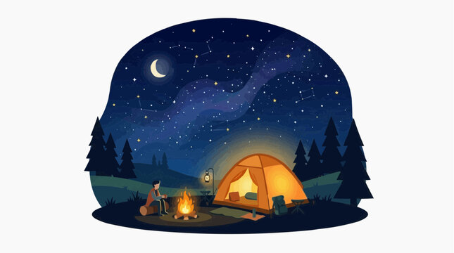 Man camping under starry night sky with milky way and moon