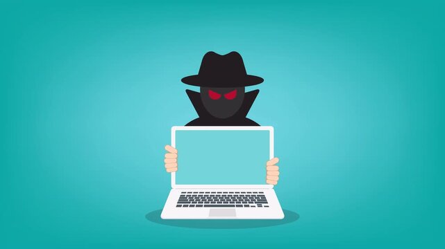 Anonymous Hacker Holding Laptop Screen Cyber Attack Animation