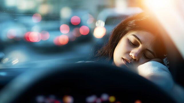 Young woman sleeping in car, head resting on dashboard. Fatigue and unsafe driving while commuting or traveling