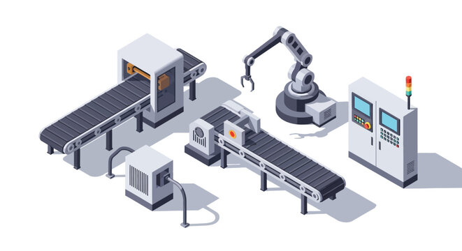 Isometric illustration of an automated industrial assembly line with robotic arm, and machine