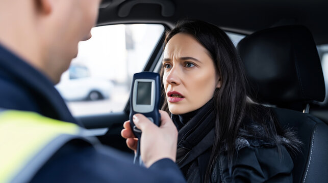 Driver taking a breathalyzer test from a police officer, experiencing stress and anxiety during law enforcement interaction