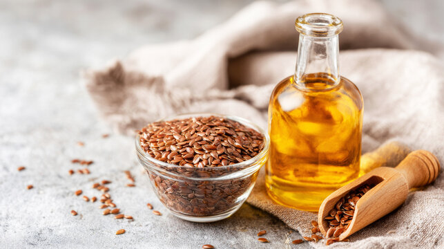 Flaxseed oil bottle alongside a bowl of flax seeds and scoop, emphasizing healthy nutrition, omega 3 fatty acids, and natural food concepts