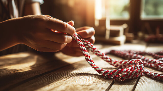 Person's hands braiding a red and white cord, creating a decorative rope with threads on a wooden surface, showing craftsmanship