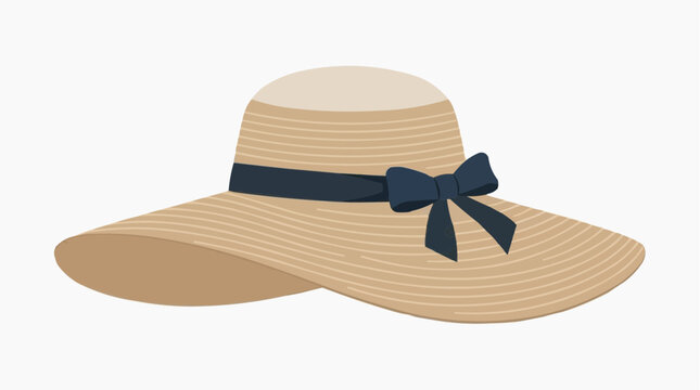Straw sun hat with a navy blue ribbon and bow on a white background