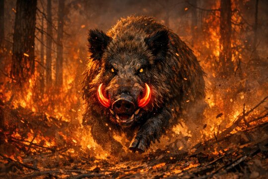 A wild boar escapes danger by running through a forest engulfed in flames