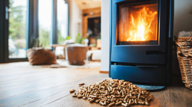 Pellet stove providing warmth in a comfortable living room, scattered wood pellets highlighting renewable energy and eco friendly home heating