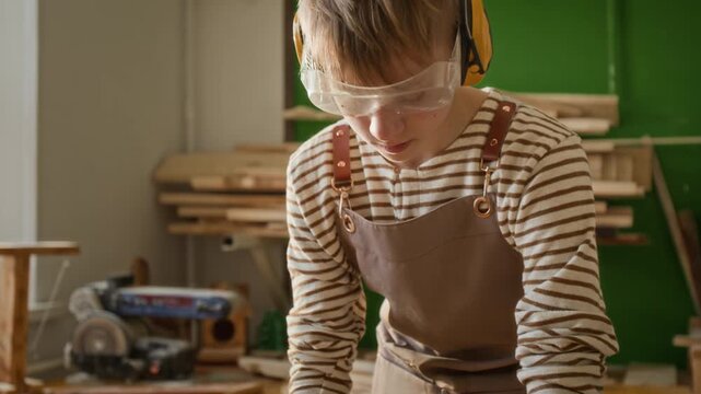 Tilt up view of teenager wearing apron, safety glasses and earmuffs sanding wooden detail in woodworking workshop